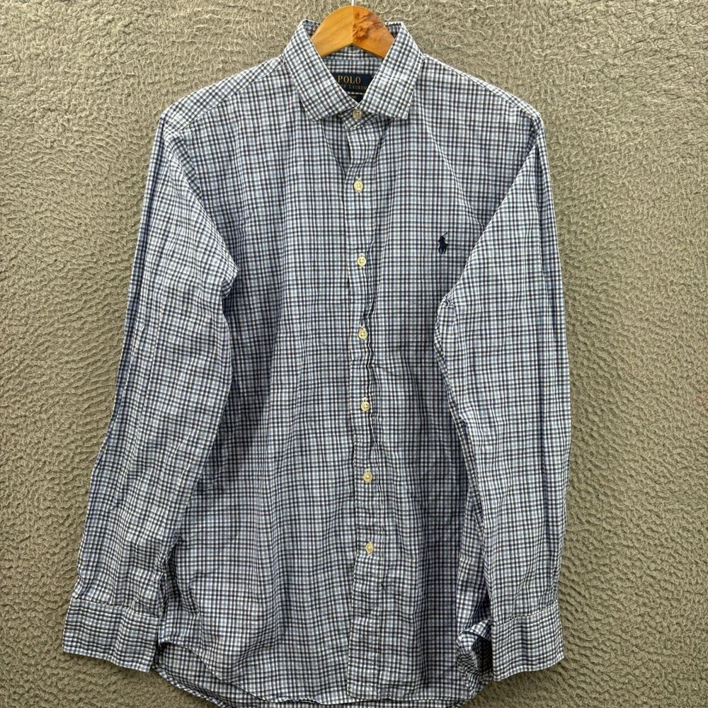 Polo Ralph Lauren Shirt Mens Medium Blue White Check Button Up Cotton Stretch